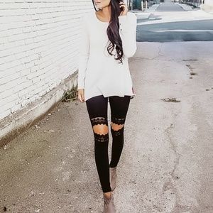 Embroidered Knee Cut-Out Leggings